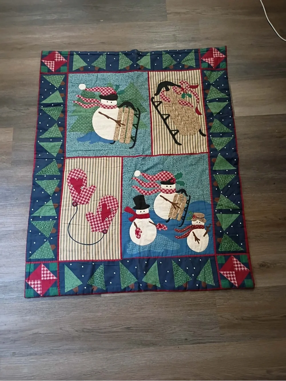 Holiday Snowman Patchwork Baby Crib Quilt - Red, Green, Blue